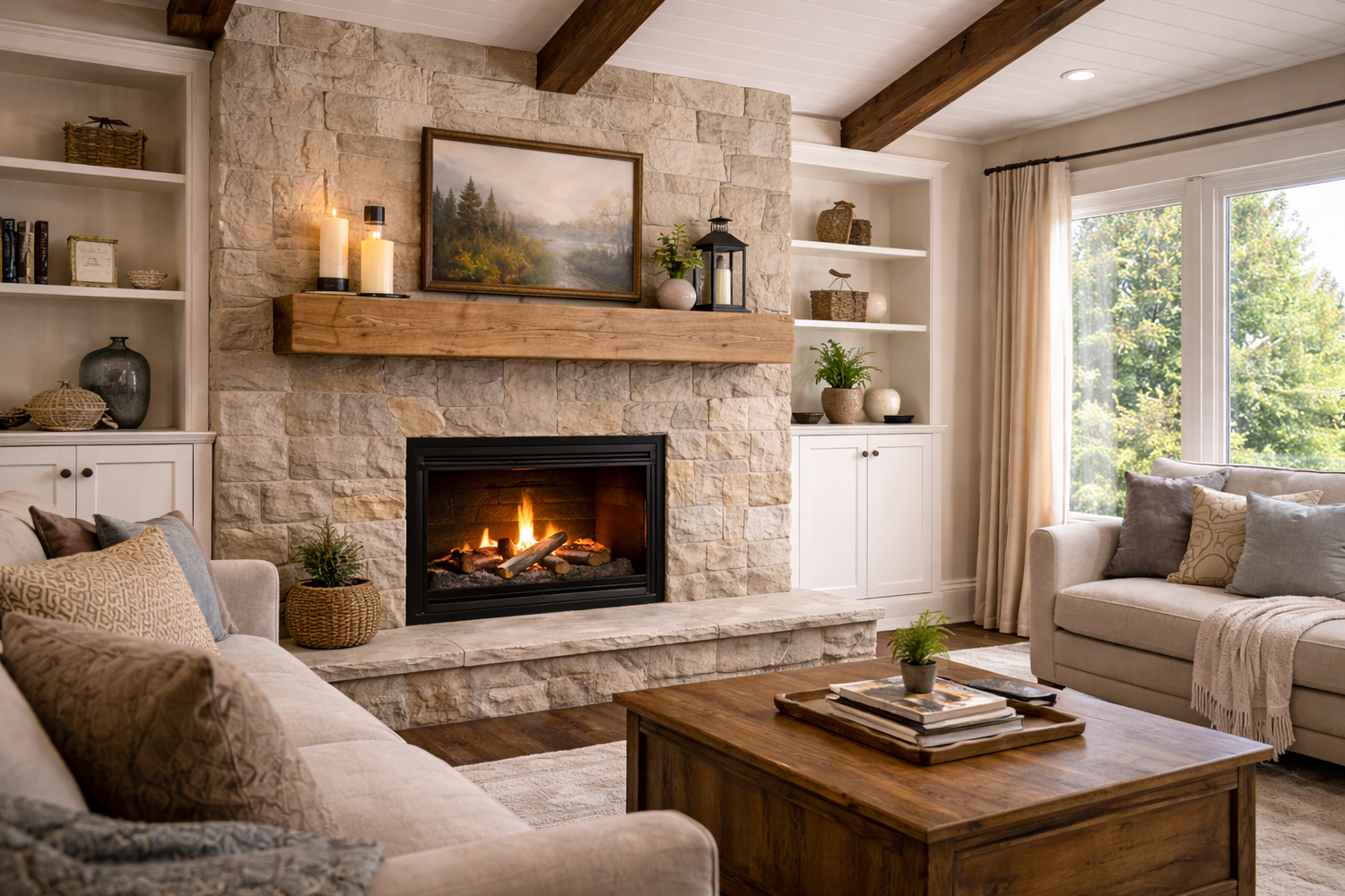 Hand-hewn white oak fireplace mantel by Wabash Lumber, 72 inches wide, natural finish